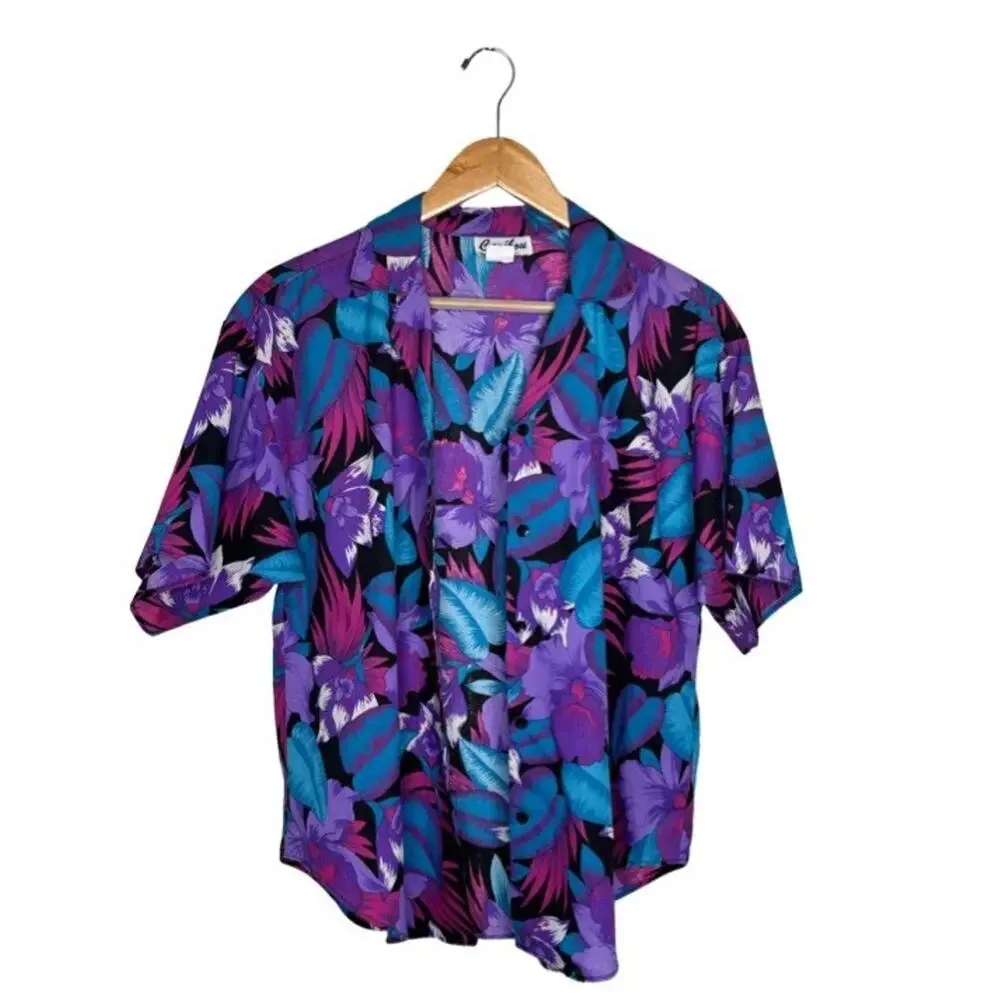 Y2K Caribou Button Up Hawaiian Womens Blue Purple Black Size 12 Cotton Blend